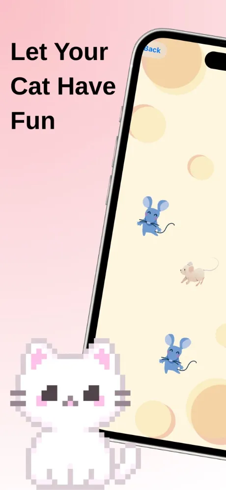 Mouse Hunt game for cats — mice scurrying across a cheese-textured mat on iPhone